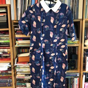 Collectif Vintage UK 14/US 10 Pencil Dress Blue with Leaves